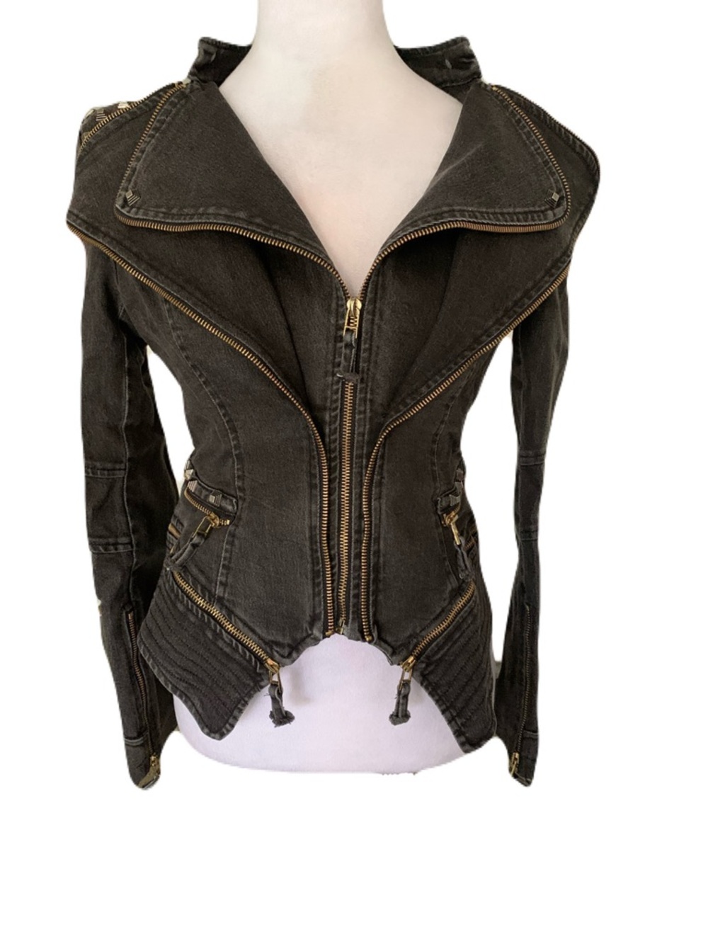 NWT 4 Gray/Black Denim Moto Jacket Asymmetric Zip Rocker Steampunk Grunge Punk